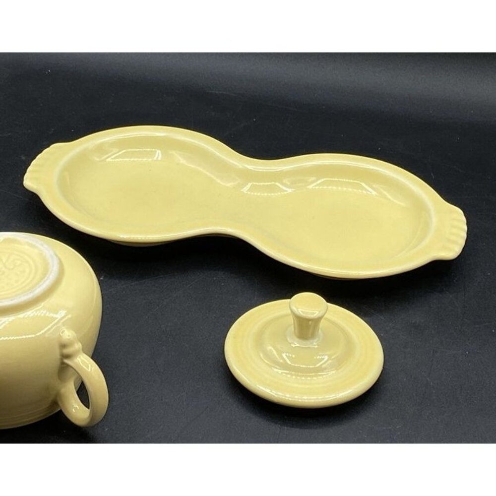 Fiesta Sugar Bowl & Creamer w Base Plate Set Sunflower Yellow - Picture 6 of 11